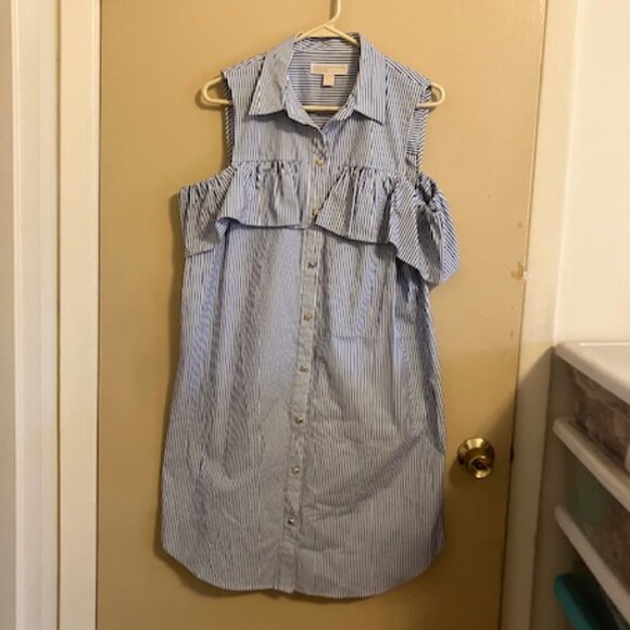Michael Kors Blue and White Stripe Cold Shoulder Dress - Picture 1 of 7